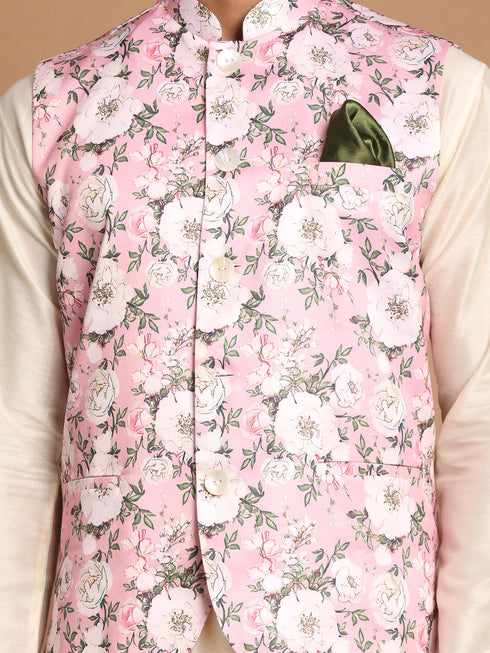 Men's Pink Digital Floral Printed Royal Angrakha Nehru Jacket With Cream Kurta Pyjama Set